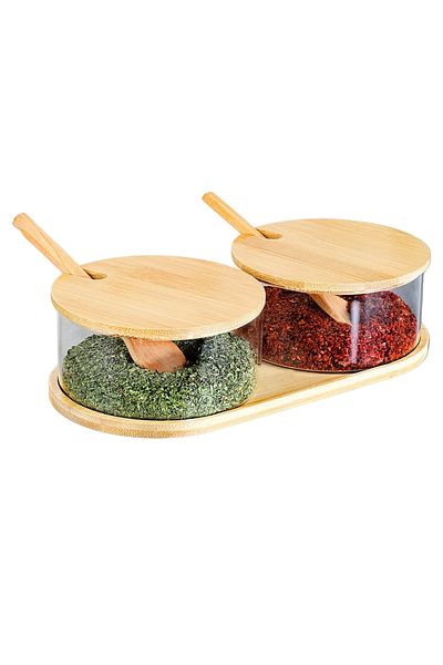 Meturas Glass Spice Rack with Bamboo Lid Stylish and Decorative Storage Set with Wooden Spoon (280 ml X 2)