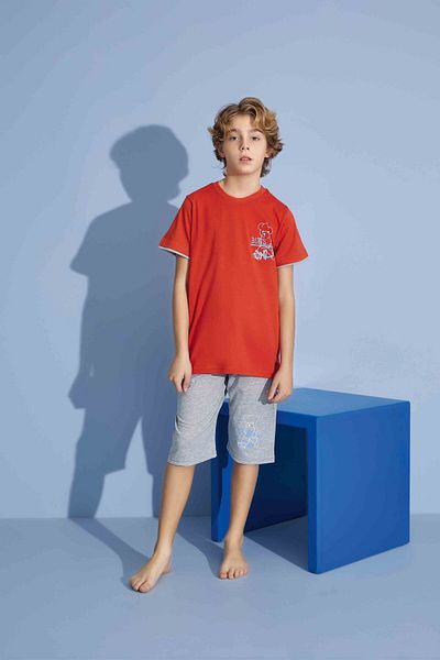 Tarık Boy's T-Shirt Bermuda Bottom Combed Single Jersey Crew Neck Medium Thick Pajama Set-3930
