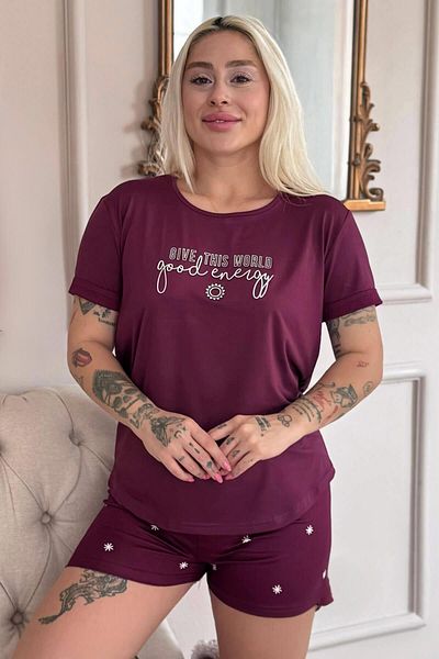 Pijamaevi Plum Good Energy Patterned Bamboo Short Sleeve Women's Shorts Pajamas Set