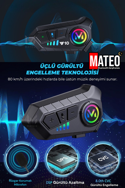 MATEO Kask İçi Kulaklık İntercom | RGB Işıklı | Mikrofon | Gürültü Engelleme | Tüm Kasklara Uyumlu