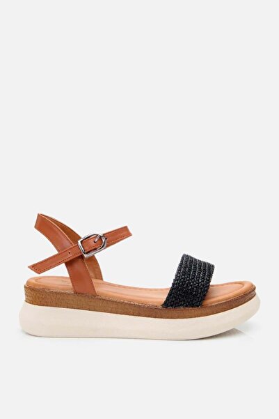 Yaya by Hotiç Kadın Siyah Hasır Detaylı Comfort Düz Sandalet