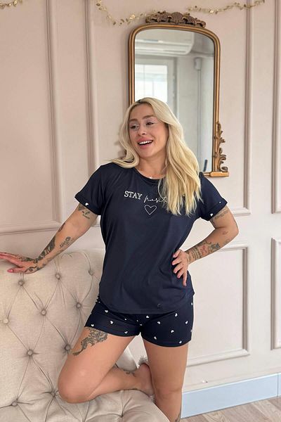 Pijamaevi Navy Blue Stay Positive Patterned Bamboo Short Sleeve Women's Shorts Pajamas Set