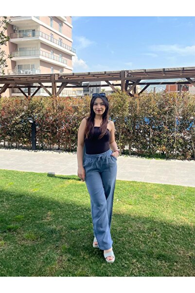 ELSEBUTİKTR Women's Muslin Waist Lace-Up Double Pocket Smoke Blue Color Summer Trousers