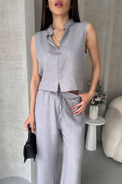 bacc Gray Aerobin Linen Judge Collar Accessory Blouse and Pants Bottom Top Suit Bcdf-25S1008