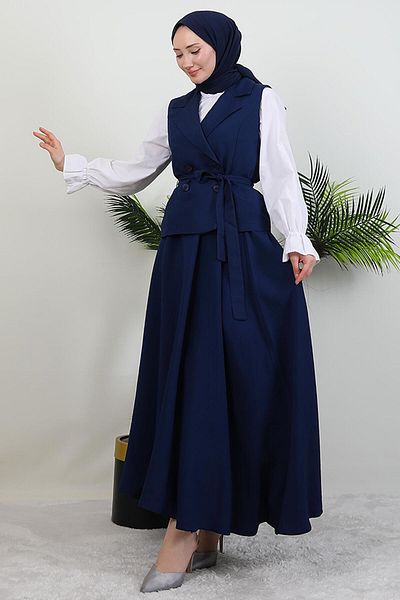GİYZAMİLA Κοστούμι με γιακά και φούστα Navy Blue