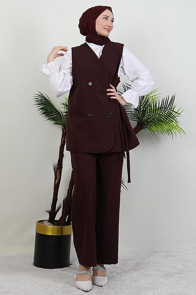 GİYZAMİLA Four Button Vest Suit Plum