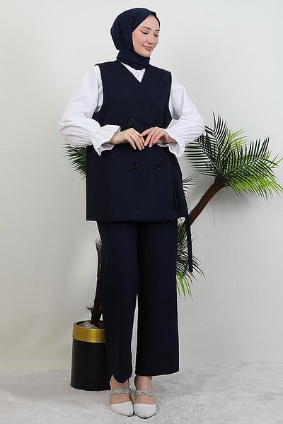 GİYZAMİLA Four Button Vest Suit Navy Blue