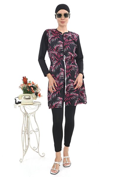 EB beachwear Pink Leaf Patterned Water Repellent Parachute Fabric Turtleneck Swimsuit