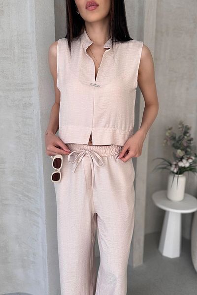 bacc Beige Aerobin Linen Judge Collar Accessory Blouse and Pants Bottom Top Suit Bcdf-25S1008