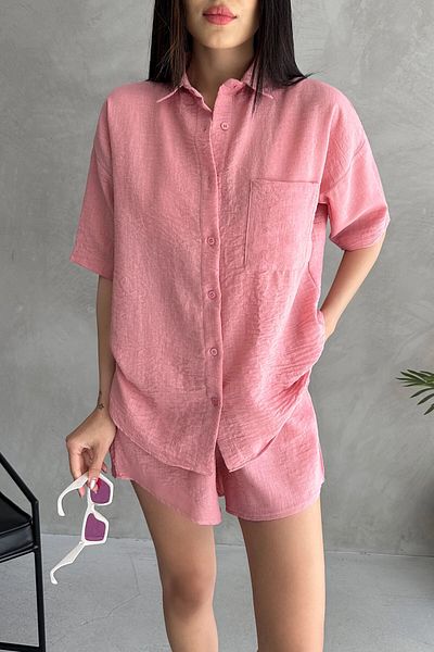 bacc Pink Aerobin Linen Short Sleeve Shirt and Shorts Bottom Top Set Bcdf-253608