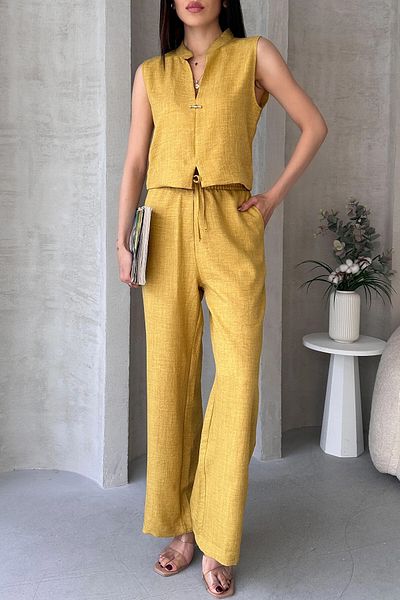 bacc Yellow Aerobin Linen Judge Collar Accessory Blouse and Pants Bottom Top Set Bcdf-25S1008