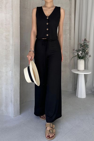 bacc Black V-Neck Buttoned Vest and Pants Set Bcdf-252190-1