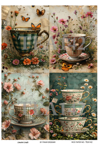 LİNEART Çay Partisi Serisi TEA142 Fincan, Çiçek Desenli 29*42 cm Pirinç Dekopaj