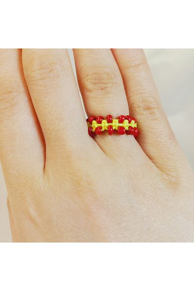 Crystal Atelier Yellow Red Sand Beaded Macrame Ring-Sports Style Fan Ring-Colorful Beads Adjustable Ring