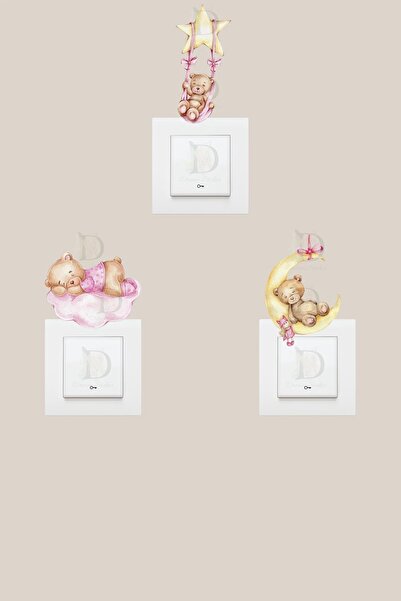 KT Decor Pink Bears Girl's Room 3-Piece Socket Sticker Set