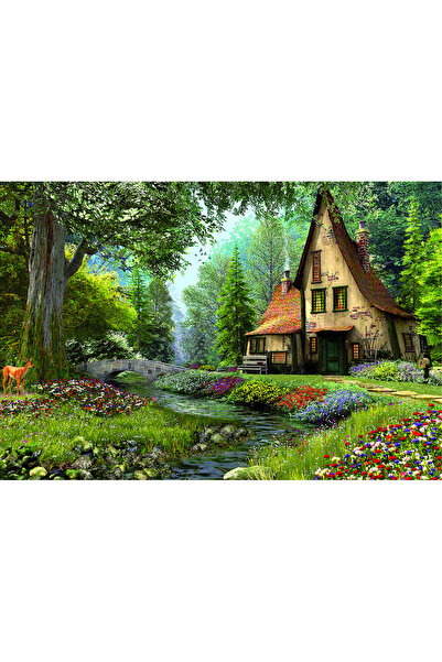 ve Tablou Canvas, Padure, Casuta, Flori, Caprioara, 80 x 50 cm, Rama lemn, Mu...