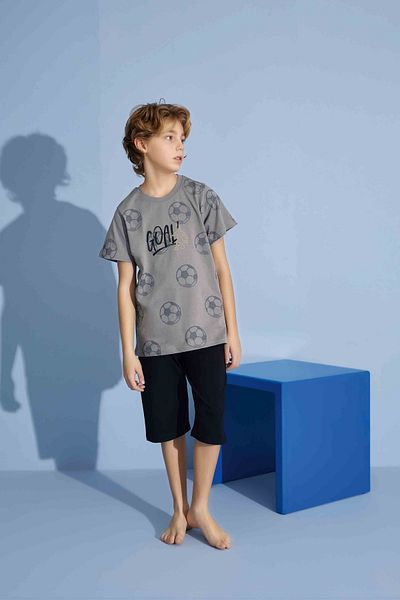 Tarık Boy's Goal T-Shirt Bermuda Bottom Combed Single Jersey Crew Neck Medium Thick Pajama Set-3938