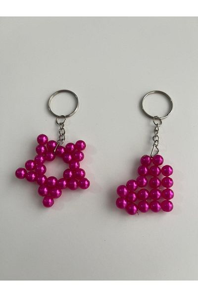 Antin Kuntin Pink Star and Heart Bead Keychain Gift Wedding Henna Engagement Promise Handmade