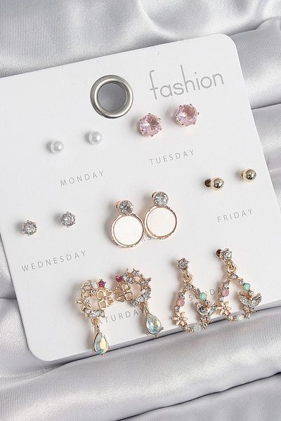 Clariss Brass Gold Color Zircon Stone Dangle Drop Figure White Enamel Detail 7 Pairs Women's Earring Set