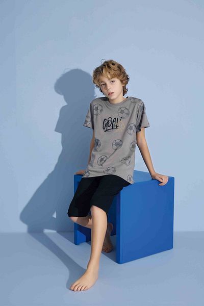 Tarık Boy's Goal T-Shirt Bermuda Bottom Combed Single Jersey Crew Neck Medium Thick Pajama Set-3938