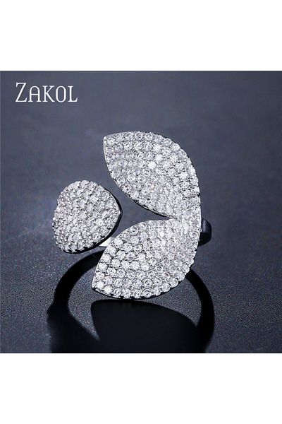 Choice خواتم ZAKOL الفاخرة المفتوحة المصنوعة من الزركونيا المرصعة بالميكرو على شكل أوراق شجر لامعة باللون الأبيض قابلة للتغيير الحجم للنساء