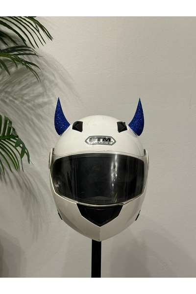 Butik Motor & Motosiklet Koyu Mavi Simli Şeytan Boynuzu Kask Dış Aksesuar