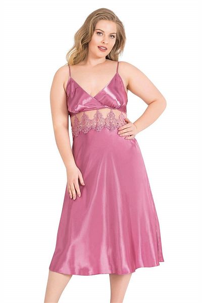 Marsilyan Large Size Dried Rose Long Double Satin Dressing Gown Nightgown Set