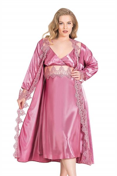 Marsilyan Large Size Dried Rose Long Double Satin Dressing Gown Nightgown Set