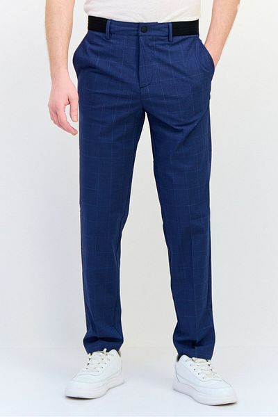 CELIO Men Regular Fit Plaid Straight Leg Pants, Navy