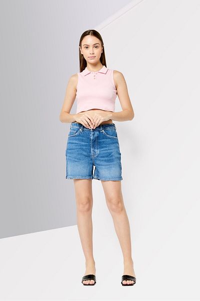 Scotch & Soda Women Washed High Rise Denim Short, Blue