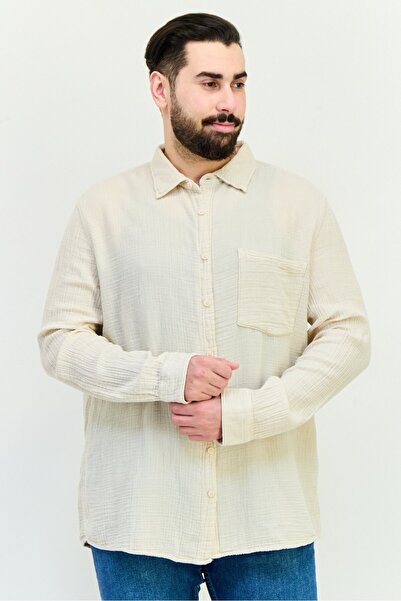 CELIO قميص رجالي كاجوال بأكمام طويلة وقصة عادية، بيج