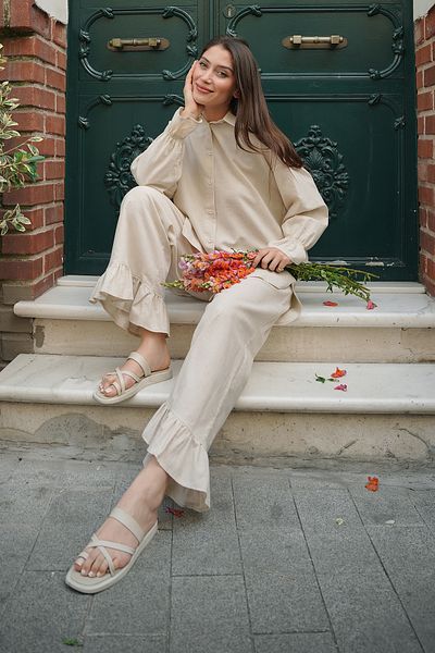 Molly Nelly Women's Cuff Detailed Linen Long Shirt Pants Set