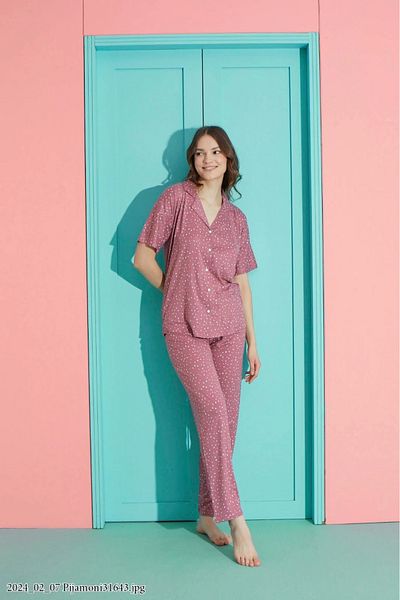 Pijamoni Women's Front Buttoned Milan Fabric Shirt Collar D. Dusty Rose Pajama Set - 7515