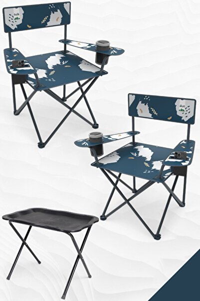 Perilla Qufi Katlanır Kamp Piknik Sandalyesi Rejisör Koltuğu - 2 Adet Mavi + Kamp Sehpası