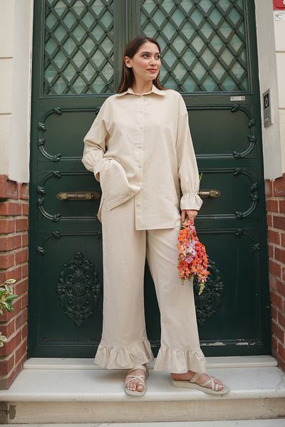 Molly Nelly Women's Cuff Detailed Linen Long Shirt Pants Set