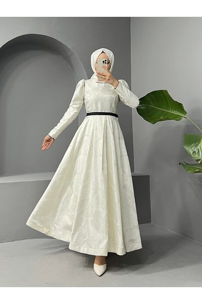 Modamorfo Ζώνη Μπαλόνι Φούστα Cold Print Kaftan Βραδινό Φόρεμα -λευκό