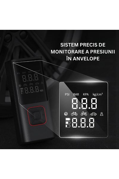 Velixo Compresor auto wireless portabil, afișaj digital, manometru, 150 PSI, baterie de 6000 mAh, lumină LED