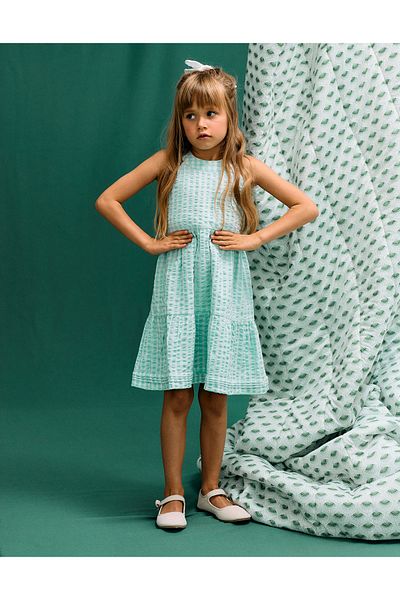 Ziddy Vichy Textured Dress for Girls 'B&S', Aqua Green/White