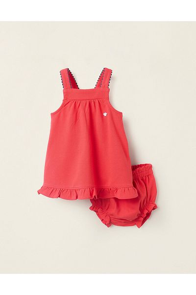 Ziddy Dress + Bloomers in Piqué with Ruffles for Newborn Girls, Red