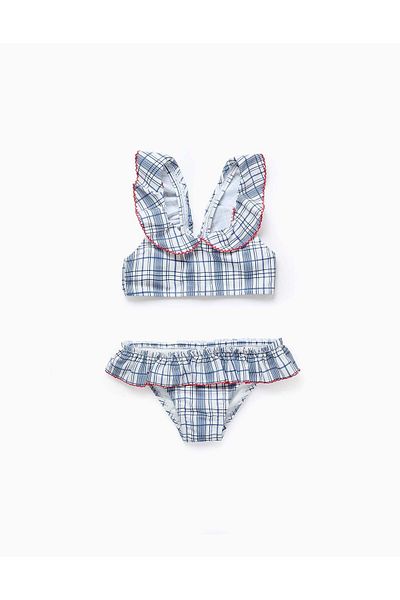 Ziddy Bikini with Check and Ruffles for Girls 'You&Me', White/Blue/Red