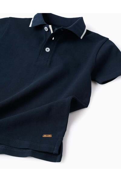 Ziddy Cotton Piqué Polo Shirt with Stripe on the Collar for Boys, Dark Blue