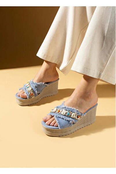 lady luvy by berkbay Kadın Keten Kalın Dolgu Topuk Poli Rahat Taban Casual Terlik