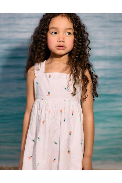 Ziddy Dress with Flower Embroidery for Girls 'B&S', White/Coral