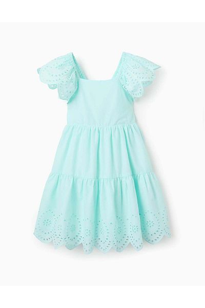 Ziddy Cotton Dress with Broderie Anglaise for Girls, Light Blue
