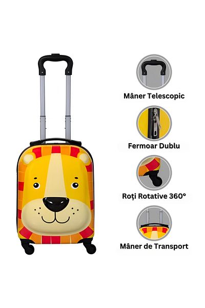 Velixo Kids Travel Trolley, Extendable Handle, 4x360° Wheels, Double Zipper, Anti-shock Case,lion Model,25l