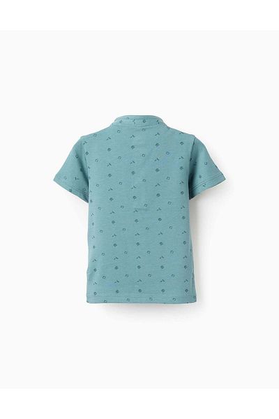 Ziddy Cotton T-shirt with Mao Collar and Motif for Baby Boys, Green