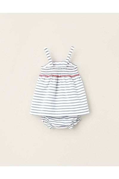 Ziddy Striped Top + Bloomers for Newborn Girls, White/Blue