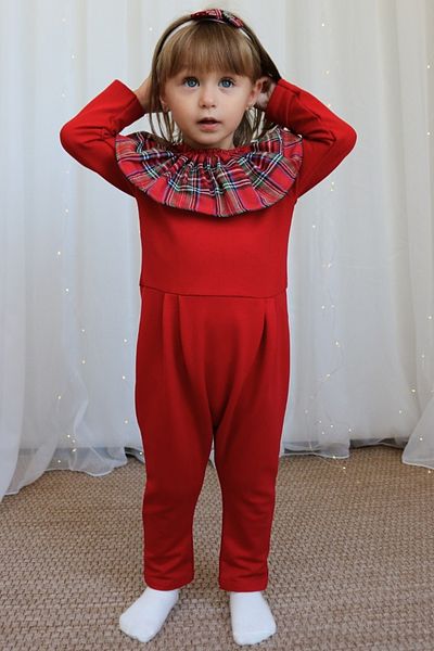 Parla Kids Girl's Red Plaid Collared New Year's Jumpsuit Salopet