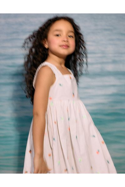 Ziddy Dress with Flower Embroidery for Girls 'B&S', White/Coral