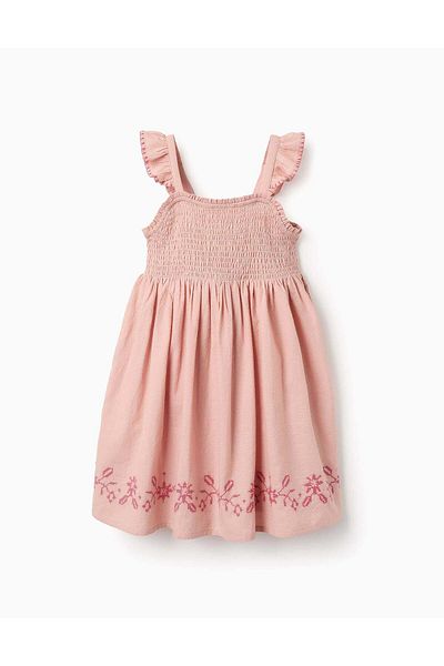 Ziddy Dress with Texture and Cross-Stitch Embroidery for Girls, Pink